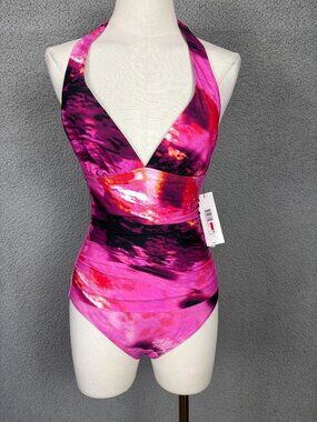 DKNY Women's Tie-Back Halter One-Piece Swimsuit Pink Watercolor Print XS NWT's.